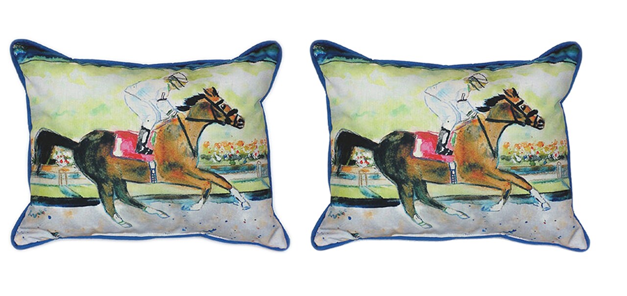 Pair of Betsy Drake Racing Horse Large Indoor/Outdoor Pillows 16x20